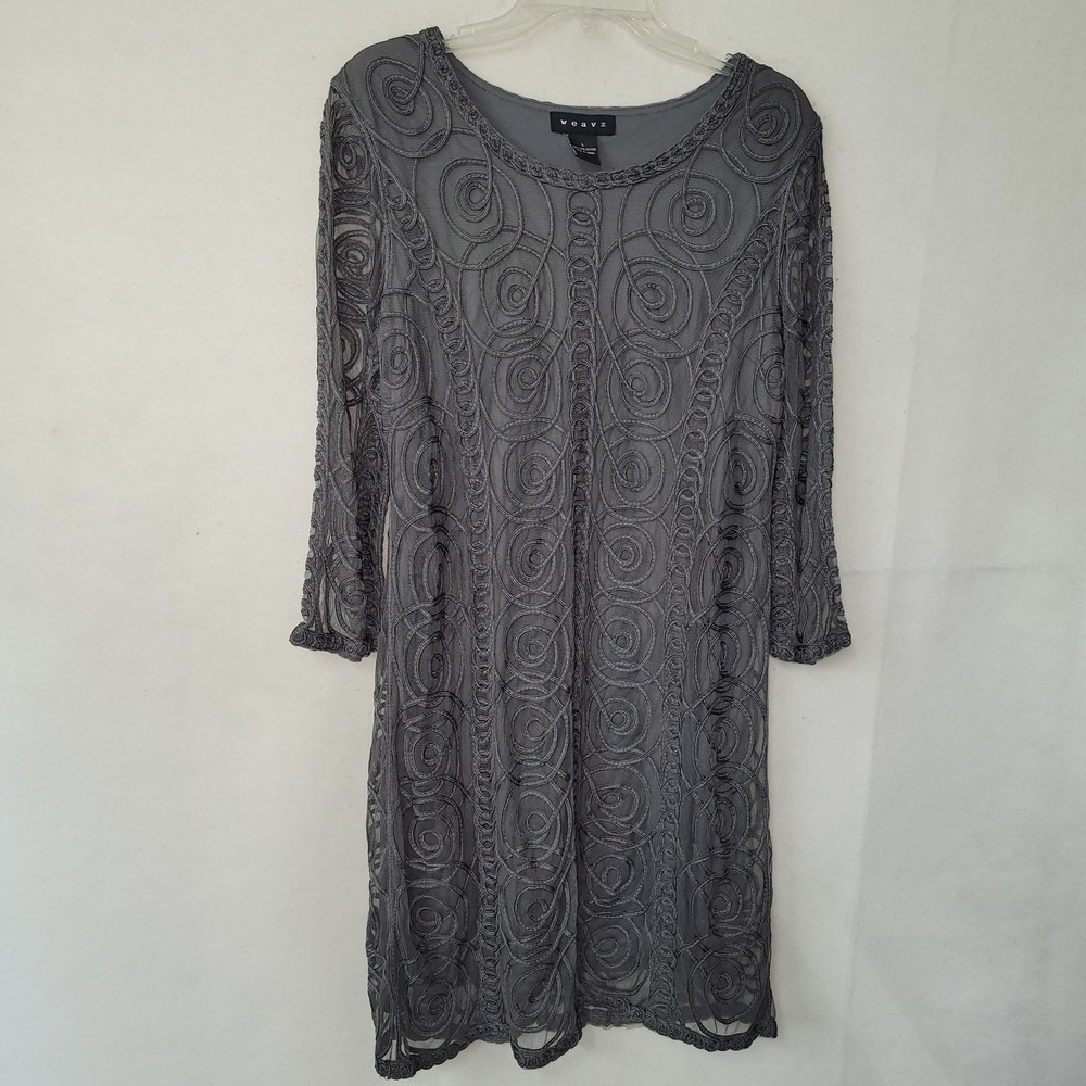 Weavz Designer Dress Gray Swirl‎ Embroidered Mesh Overlay L Long Sleeve Sheath
